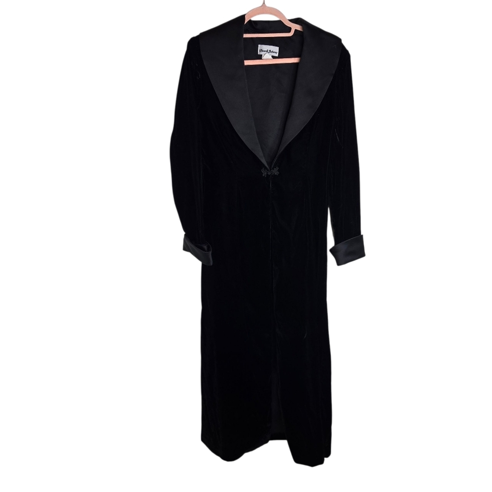 Vtg 80s Black Velvet Satin Gothic Witchy Long Coat - Picture 1 of 11